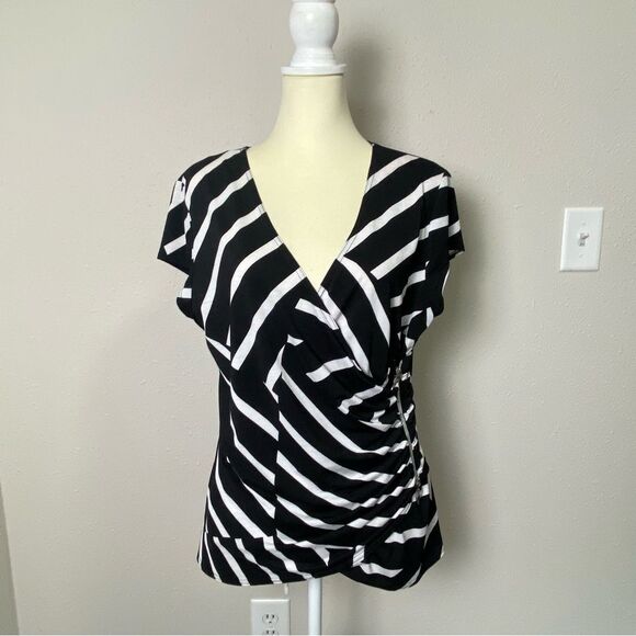 Vintage Joseph Ribkoff Black White Striped Faux Wrap VNeck Blouse Womens Size 18 - Picture 11 of 15
